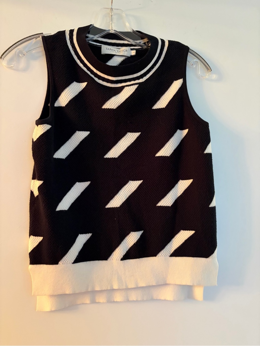 Tanya Taylor Black & White Diagonal Geometric Sleeveless Knit Shell